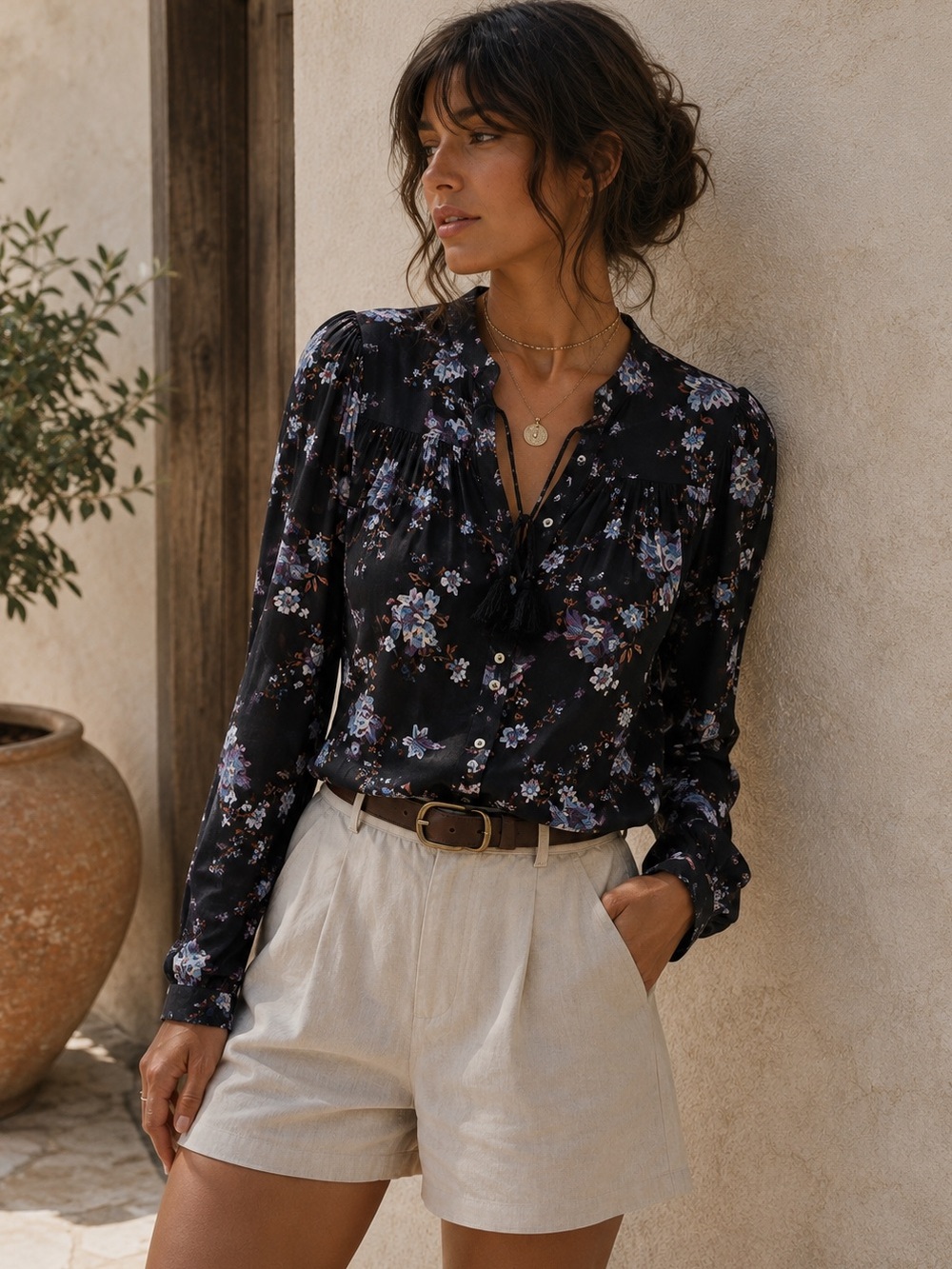 Rebecca Minkoff Floral Peasant Blouse Black Medium Boho Tassel Romantic Top